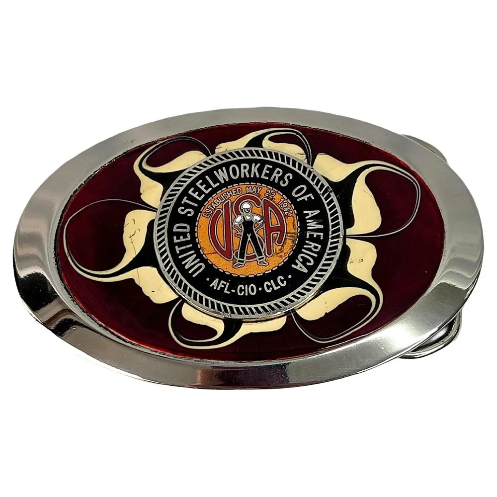 Vintage USWA Steelworkers AFL CIO Union Red Swirl Enamel Oval Mens Belt Buckle
